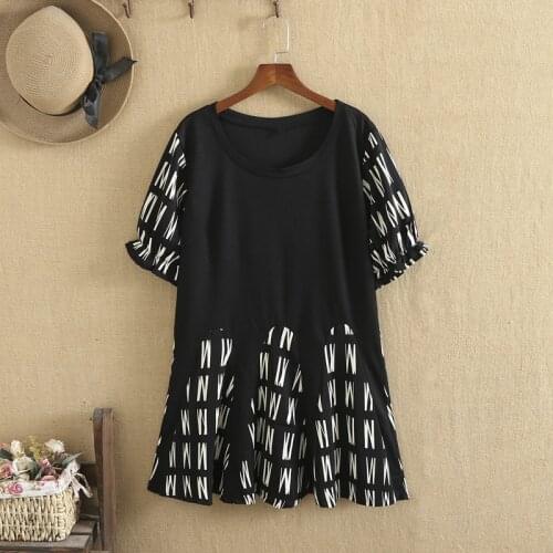 Plus Size Dresses For Women High-Quality O-Neck Short Sleeves Trellis+Black Color Splicing Geometric Patchwork Hemlines Summer