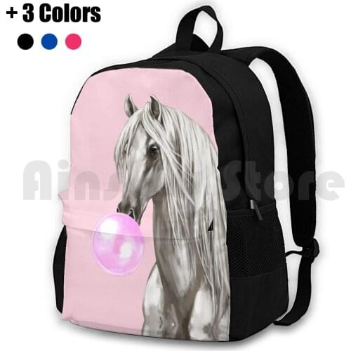 White Horse With Bubble Gum In Pink Outdoor Hiking Backpack Waterproof Camping Travel Animals Animal Cute Adorable Chewing Gum