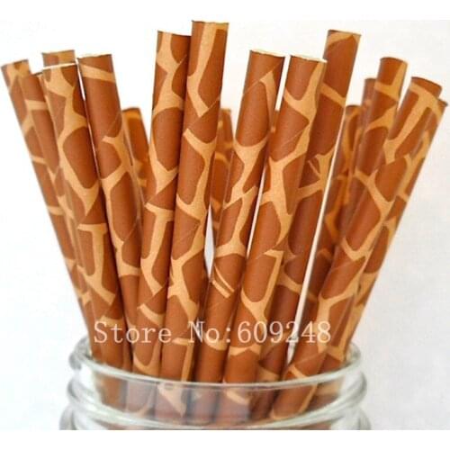 100pcs Patterned Giraffe Paper Straws,Brown Animal Print Safari Jungle Zoo Birthday Party,Cake Pop Sticks Drinking Straws Bulk