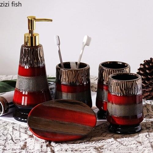 Nordic Bathroom Decoration Accessories Gilded Red Portable Soap Dispenser Shampoo Empty Bottle Soap Box Ceramic Bath Supplies