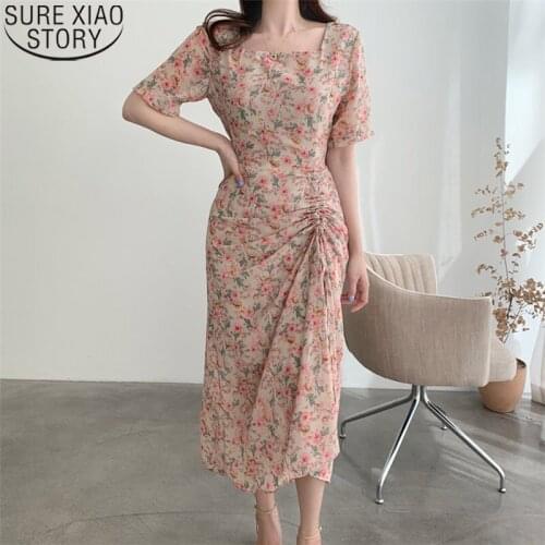 Korean Chic Elegant Square Collar Floral Print Dress Women Summer Plus Size All Match Pleated Waist Thin Dresses Vestidos 14536
