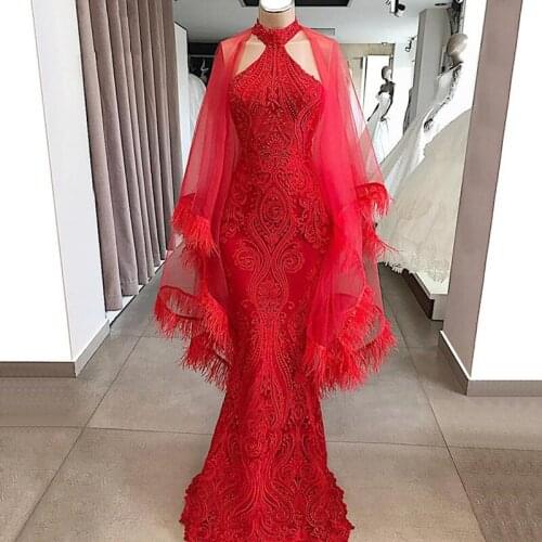 Red Muslim Evening Dresses Mermaid Halter Lace Beaded Feather Dubai Saudi Arabia Long Prom Dress Gown Robe De Soiree