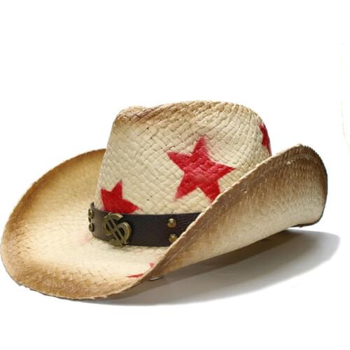 Fashion Women Men Straw Western Cowboy Hat With Punk Money Band Star Lady Dad Sombrero Hombre Cowgirl Jazz Caps Size 58CM
