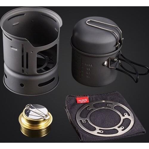 Alocs 7pcs Camping Cookware Set 1-2 Person Cooking Utensil Spirit Stove Outdoor Alcohol Stove Pot Bowl Windshield CW-C01