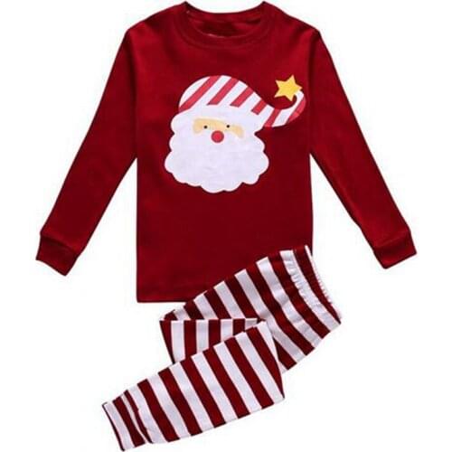New Red Santa Baby Boy Pajamas Clothes Suit Cotton Christmas Children Pyjamas Clothing Set Kids T-Shirts Trouser Striped Pant