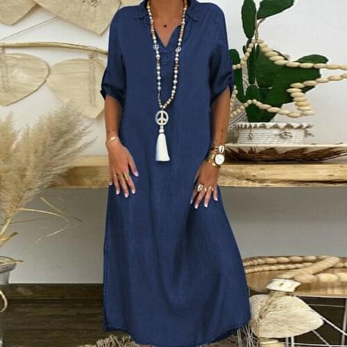 Plus Size Vintage Maxi Dress Women Casual Solid Denim Dress V-Neck Roll Sleeve Button Loose Bohemian Long Dress 2021 New