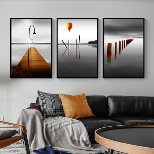 Nordic Style Prints Wall Art Black And White Lake Poster Minimalist Bridge Painting Canvas Balloon Pictures Living Room Decor