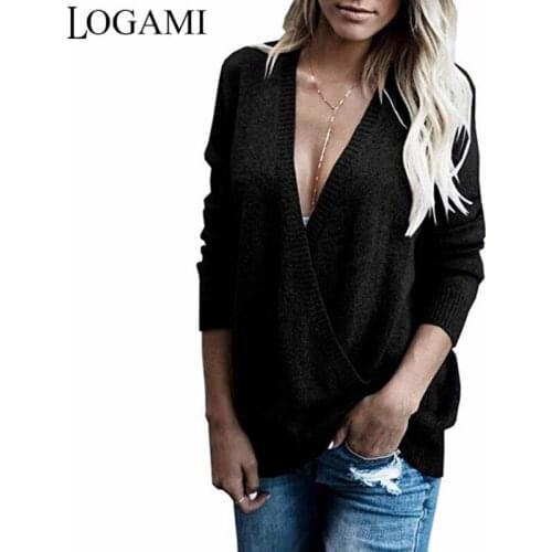 LOGAMI Deep V Neck Sexy Pullovers and Sweaters Women Autumn Winter Casual Fashion Sweater Female Knitted Jumpers