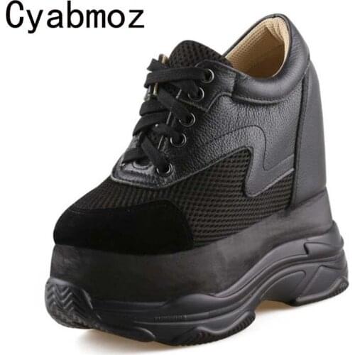 Women High Platform Invisible Increase 13CM Sneakers Breathable Casual Shoes Fashion Genuine Leather Dad Shoes Zapatos Mujer