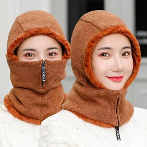Women Winter Knitted Hat Fur Lined Warm Winter Hats for Women with Zipper Keep Face and Ear Warmer Cap