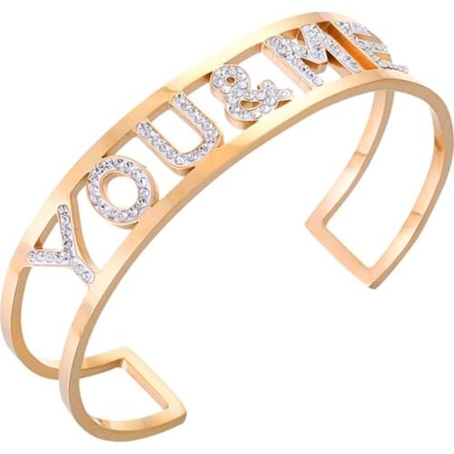 Female Luxury Jewelry Hand Bangles for Women Gift Colorful Crystal Letters Stainless Steel Open Cuff Bracelets 2020 New