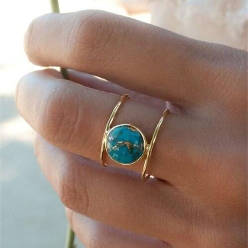 DoreenBeads Fashion Rings Gold Color Bouble Circles Beautiful Green Blue Stone Vintage Jewelry For Women Party Accessories,1 PC