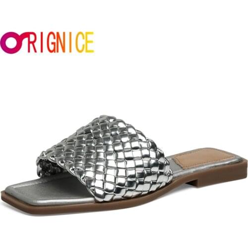 Orignice PU Leather Woven Slippers Women Summer Flat Heels Outdoor Sandals Square Peep Toe Casual Slides Shoes Big Size 34-43