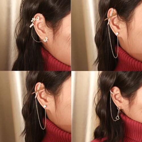 New Fashion Imitation Pearl Chain Ear Cuff Cartilage Earrings For Women Elegant Flower Long Tassel Clip Female Jewelry