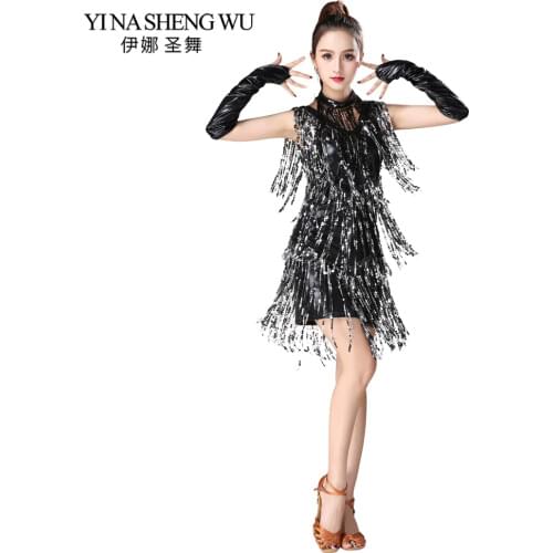 Latin Dance Clothes Women Sequin Fringed Latin Dance Stage Performance Competition Dress Salsa Dance Costume With Glove Necklace