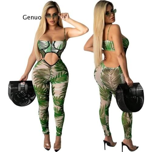 Women Sleeveless Hollow Out Overalls One Piece Outfits Streetwear Summer Sexy Beach Bodycon Leaves Print Mesh Jumpsuit Rompers