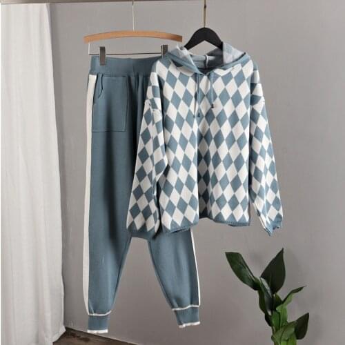 Knit Womens Hooded Hoodies Trousers Two Pieces Sets Rhombus Knitted Sweater Elastic Joggers Suits Ladies 2021 Casual Fashion