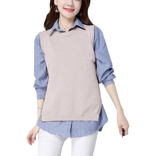 Vest Women Leisure elegance Fashion Long Sleeve Stripes Shirt Knitted Vest Waistcoat Two Piece Outfit Womens Clothing 2021
