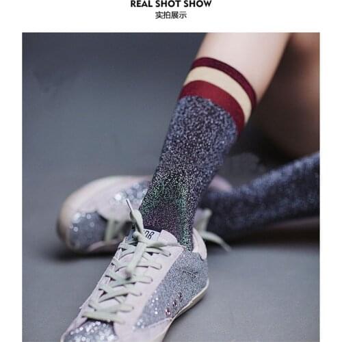 1 Pair Hot Sale 2018 Shiny Long Socks Autumn and Spring New Fashion Glitter silver Flanging color stripe Wild In Tube Socks