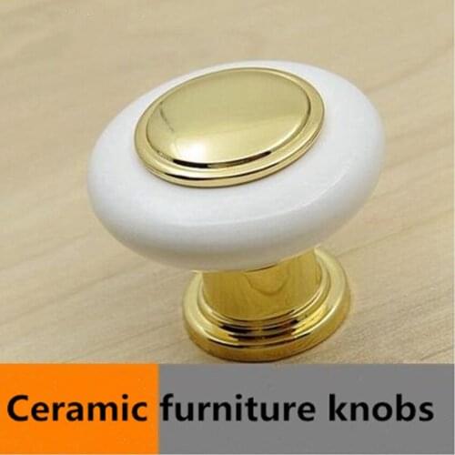 35mm modern fashion white gold furniture knob white ceramic drawer cabinet knob pull gold dresser cupboard door handle porcelain