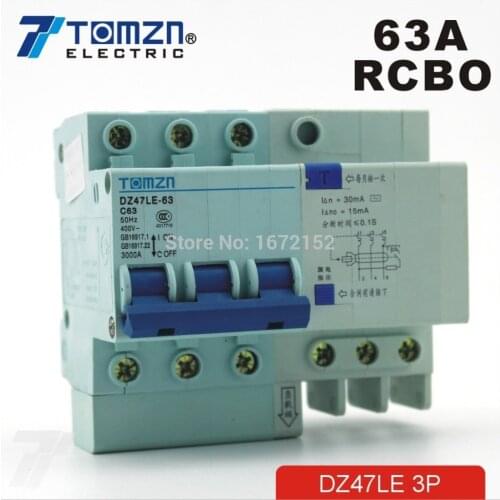 3P 63A DZ47LE 400V~ 50HZ/60HZ c type Residual current Circuit breaker with over current and Leakage protection RCBO C type