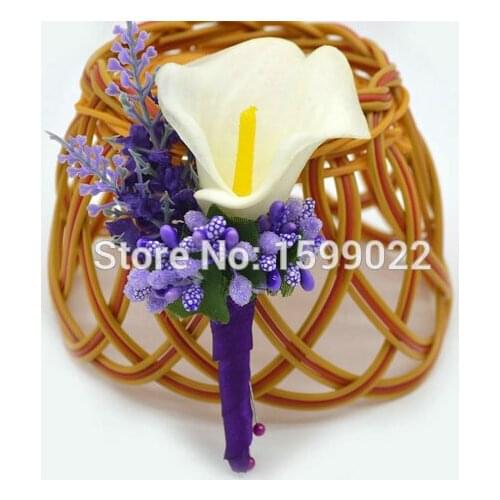 Diy Church Wedding Calla Lily Babys Breath Groom Boutonniere Purple Ribbon Flowers Men Brooch Pins Marriage Rustic Lapel Flower