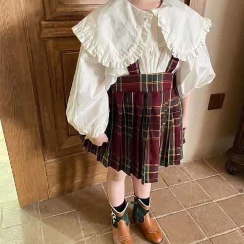 Childrens Strap Skirt 2021 Autumn New Korean Girls College Style Lovely Lattice Strap Skirt Children Casual Korean Strap Skirt
