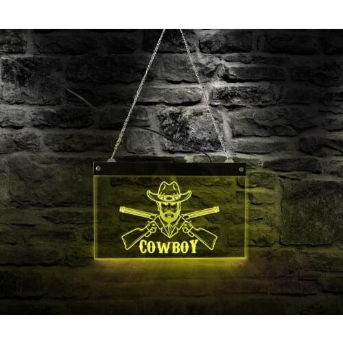 Comic Cowboy With Guns LED Hanging Display Sign Board Crossed Weapon Rodeo Neon Wall Sign Multi Color Light Western Wall decor