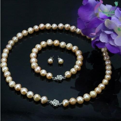 Pink pearl necklace sets flower clasp 8-9mm necklace 18"bracelet 7.5" earring women jewelry making design gift Wholesale