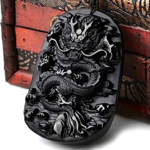 Beautiful Chinese Handwork Natural Jade Black Obsidian Carved Dragon Amulet Lucky Pendant Necklace Fashion Jewelry