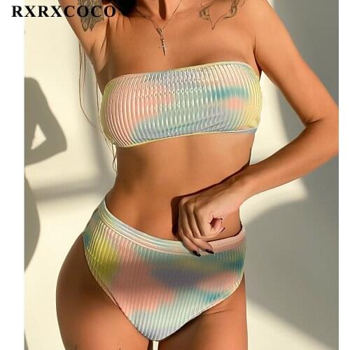 RXRXCOCO Bandeau Swimsuit Women High Waist Bikini Sexy Swimsuit Female Brazilian Bikinis 2021Push Up Tie Dye Swimwear Women