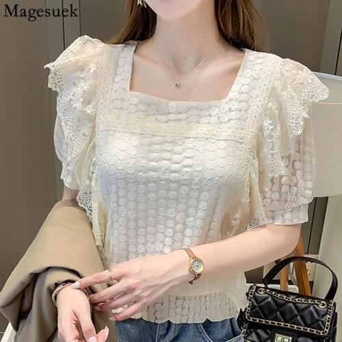 Summer Ruffle Stitching Blouse Women Square Collar Crochet Lace Hollow Womens Shirt Fashion Short Sleeve Loose Top Female 15909