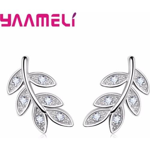 Trendy Real 925 Sterling Silver Stud Earrings Sweet Feather Leaves Design Austrian Crystal Paved Women Girl Gfit Jewerly