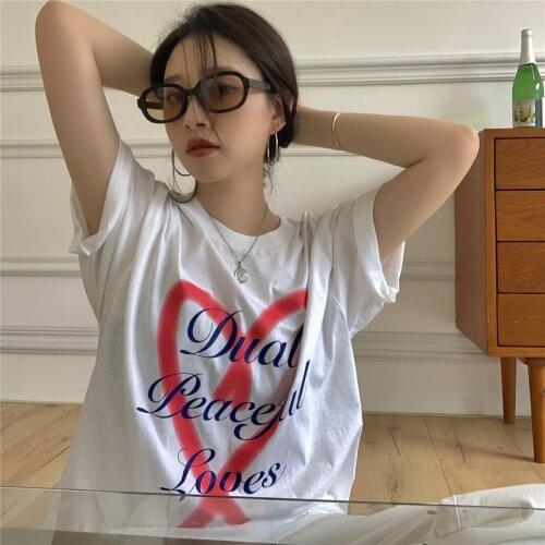 New Fashion Loving Heart Letters Print Oversized T-shirt femme Summer Short Sleeve Tees