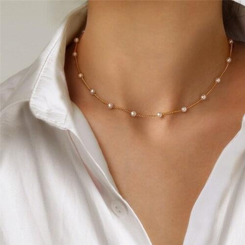 New Beads Womens Neck Chain Pearl Necklace Gold Color Goth Jewelry On The Neck Pendant 2021 Collar For Girl