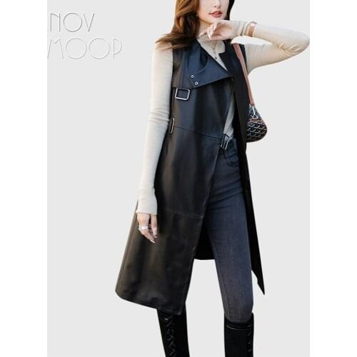 Novmoop sheepskin genuine leather women dress vest chic cool girl elegant French style Robe en cuir LT3497