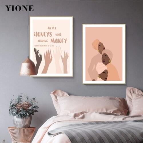 Nordic Vogue Girls Pink Posters and Prints Cartoon African Black Woman Wall Art Canvas Paintings Pictures for Living Room Decor