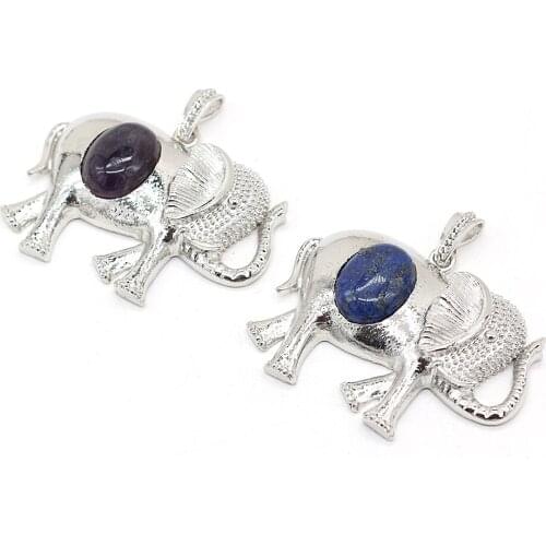 Natural Unisex Alloy Pendants Exquisite lapis lazuli Amethyst Elephant Shape Charms Pendant For Jewelry Making Necklace 45x60mm