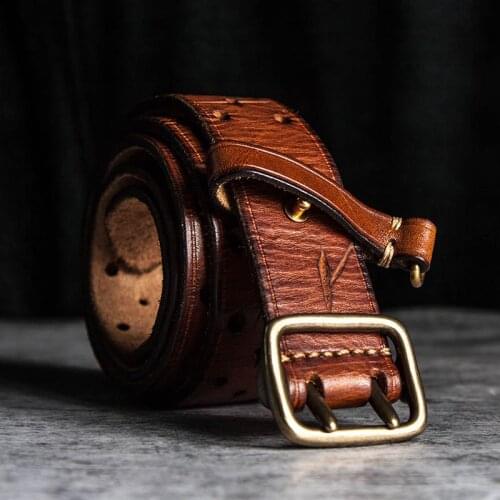 Mens Leather Double-row Hole Belt Retro Handmade Luxury Jeans Belt Fashion All-match Double Needle Work Belt 3.8cm Brown Khaki