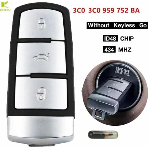 KEYECU Replacement Smart Remote Key Fob 3 Button 433MHz ID48 Chip for Volkswagen B6 CC Passat Magotan 2006-2011 3C0 959 752 BA