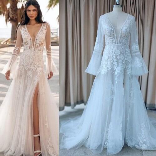 Boho Wedding Dress Long Sleeve Wedding Dresses Side Split Zipper Back Light Wedding Dress Vestido De Noiva 100% Real Photo