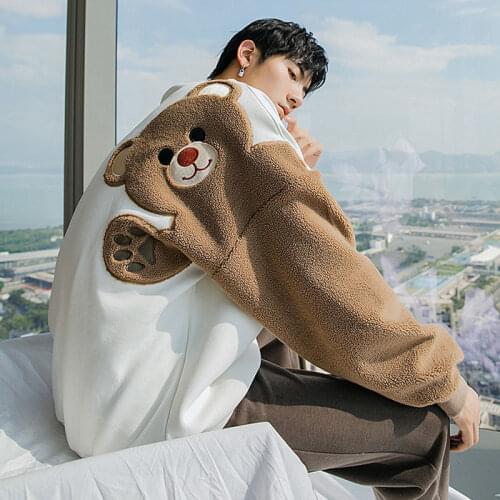 Harajuke Oversized Hoodies Men Winter Casual Cute Warm Bear Hoodie Black White O-neck Pullovers Sweatshirts Women Couples