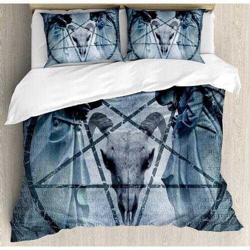 Horror House Decor Duvet Cover Set Artwork with Pentagram Icon Goat Skull Devil Dream Hoody Figure Exorcist Image Bedding Set