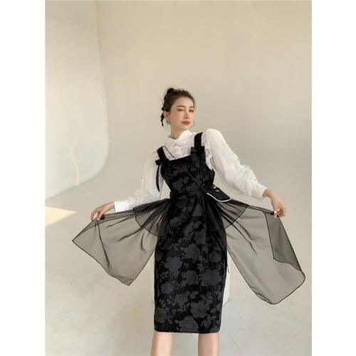 Jacquard suspender dress spring womens patchwork mesh black dress mid-length dresses