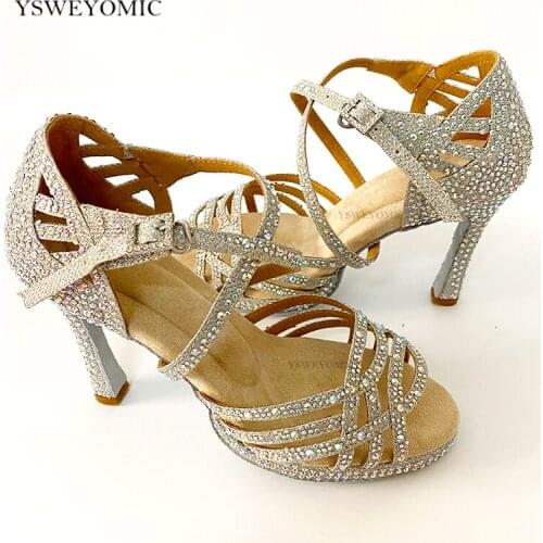 Women Latin Dancing Shoes Silver Shiny Sequin Fabric Rhinestones Bachata Salsa Latin Dance Shoes with Platform in High Heel 10cm