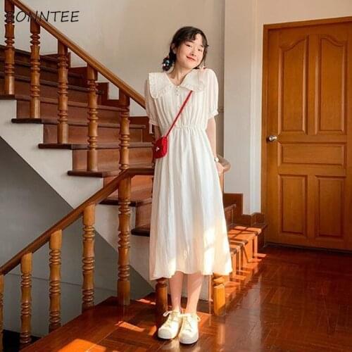 Short Sleeve Dressed Women Peter Pan Collar Sweet Gentle White High-waist Leisure Preppy Style Students Girls Female Midi Cozy
