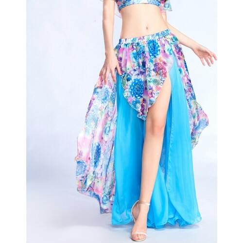 Belly Dance Skirt Women Printing High Splitting Bellydance Practice Skirt Exotic Chiffon Dance Wear Bollywood Clothing DL3051