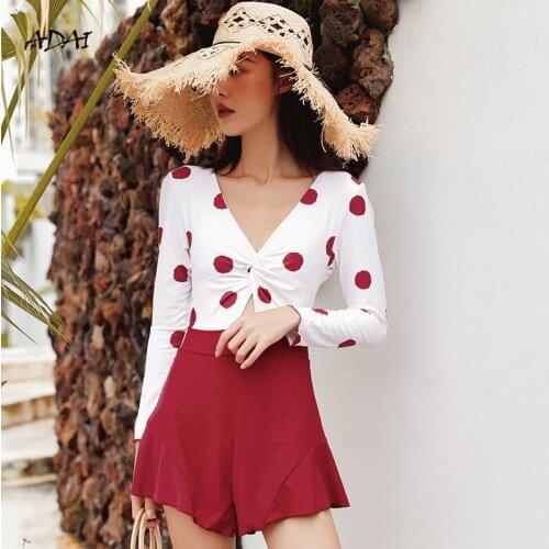 One Piece Swimsuit Women Sexy V Neck Dots Print Hollow Out Waist Long Sleeve Patchwork Bathing Suits Push Up Swimwear Monokini