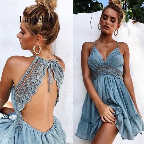 Laipelar Women Summer Sundress Sexy Backless V-neck Beach Dresses 2019 Sleeveless Strap White Boho Mini Dress