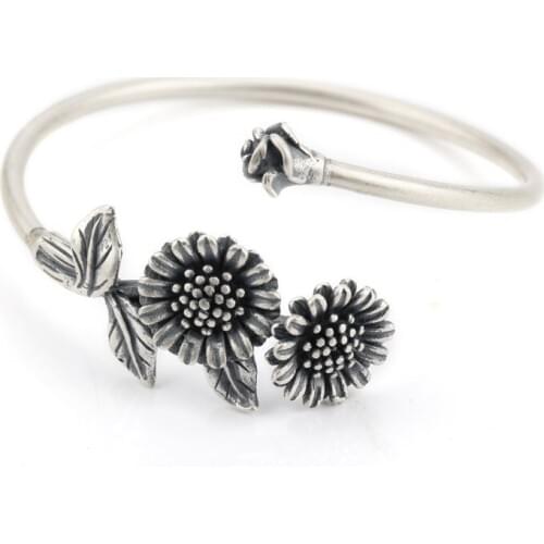 925 Sterling Silver Bangle with Silver Sunflower Positive and optimistic life European Style Bangle For Women Thai Silve Jewelry